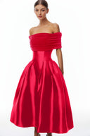 Marie Red Off Shoulder Polished Midi Dress