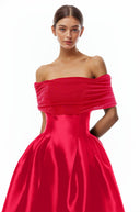 Marie Red Off Shoulder Polished Midi Dress