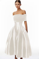 Marie White Off Shoulder Polished Midi Dress