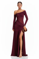 Ariadne Burgundy One Shoulder Gathered Maxi Dress