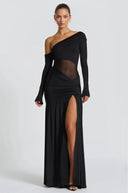 Ariadne Black One Shoulder Gathered Maxi Dress