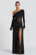 Ariadne Black One Shoulder Gathered Maxi Dress