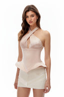 Caterina Pink Halterneck Cross Pleated Top