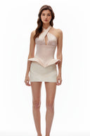 Caterina Pink Halterneck Cross Pleated Top
