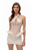 Caterina Pink Halterneck Cross Pleated Top