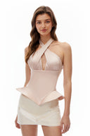 Caterina Pink Halterneck Cross Pleated Top