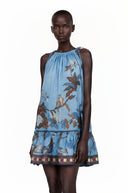 Sigrid Blue Tropical Bird Printed Ruched Mini Dress
