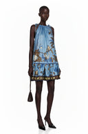 Sigrid Blue Tropical Bird Printed Ruched Mini Dress