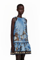 Sigrid Blue Tropical Bird Printed Ruched Mini Dress