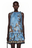Sigrid Blue Tropical Bird Printed Ruched Mini Dress