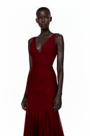Jacquetta Burgundy V-Neck Ruched Maxi Dress
