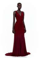 Jacquetta Burgundy V-Neck Ruched Maxi Dress
