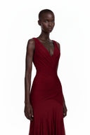 Jacquetta Burgundy V-Neck Ruched Maxi Dress
