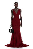 Jacquetta Burgundy V-Neck Ruched Maxi Dress