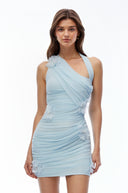 Bona Blue Halterneck Ruched Mini Dress with 3D Florals