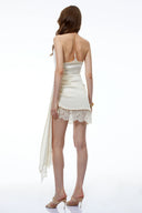 Zauditu Cream Ruched Mini Dress with Asymmetrical Hem