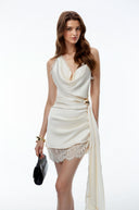 Zauditu Cream Ruched Mini Dress with Asymmetrical Hem