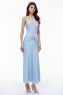 Zenobia Baby Blue Halterneck Ruched Maxi Dress with Lace