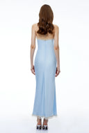 Zenobia Baby Blue Halterneck Ruched Maxi Dress with Lace