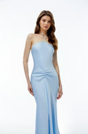 Zenobia Baby Blue Halterneck Ruched Maxi Dress with Lace