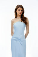 Zenobia Baby Blue Halterneck Ruched Maxi Dress with Lace
