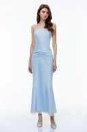 Zenobia Baby Blue Halterneck Ruched Maxi Dress with Lace