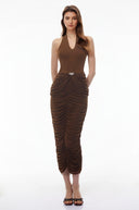 Loviisa Chocolate Brown Halterneck Ruched Midi Dress
