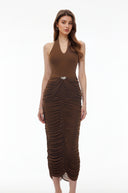 Loviisa Chocolate Brown Halterneck Ruched Midi Dress