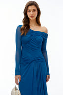 Queyras Teal Blue Off Shoulder Long Sleeves Maxi Dress