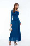 Queyras Teal Blue Off Shoulder Long Sleeves Maxi Dress