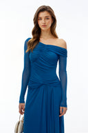 Queyras Teal Blue Off Shoulder Long Sleeves Maxi Dress