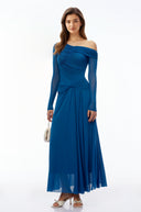Queyras Teal Blue Off Shoulder Long Sleeves Maxi Dress