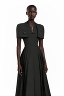 Arabella Black Shawl Detail Shirred Midi Dress