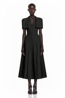 Arabella Black Shawl Detail Shirred Midi Dress