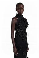 Marceline Black Sleeveless Maxi Dress with 3D Petals
