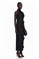 Marceline Black Sleeveless Maxi Dress with 3D Petals