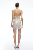 Evelina Neutral Sequin Halterneck Draped Mini Dress