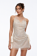 Evelina Neutral Sequin Halterneck Draped Mini Dress