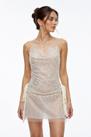 Evelina Neutral Sequin Halterneck Draped Mini Dress