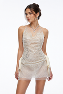 Evelina Neutral Sequin Halterneck Draped Mini Dress