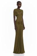 Tanais Green Pleated Cape Maxi Dress