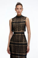 Elara Black Crochet High Neck Midi Dress With Fringe