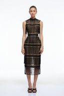 Elara Black Crochet High Neck Midi Dress With Fringe