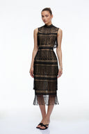 Elara Black Crochet High Neck Midi Dress With Fringe