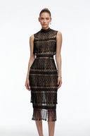 Elara Black Crochet High Neck Midi Dress With Fringe