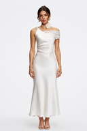 Livia White Asymmetrical Satin Midi Dress with Lace Trim