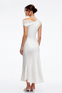 Livia White Asymmetrical Satin Midi Dress with Lace Trim