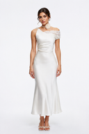Livia White Asymmetrical Satin Midi Dress with Lace Trim