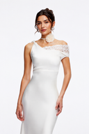 Livia White Asymmetrical Satin Midi Dress with Lace Trim