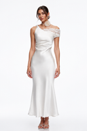 Livia White Asymmetrical Satin Midi Dress with Lace Trim